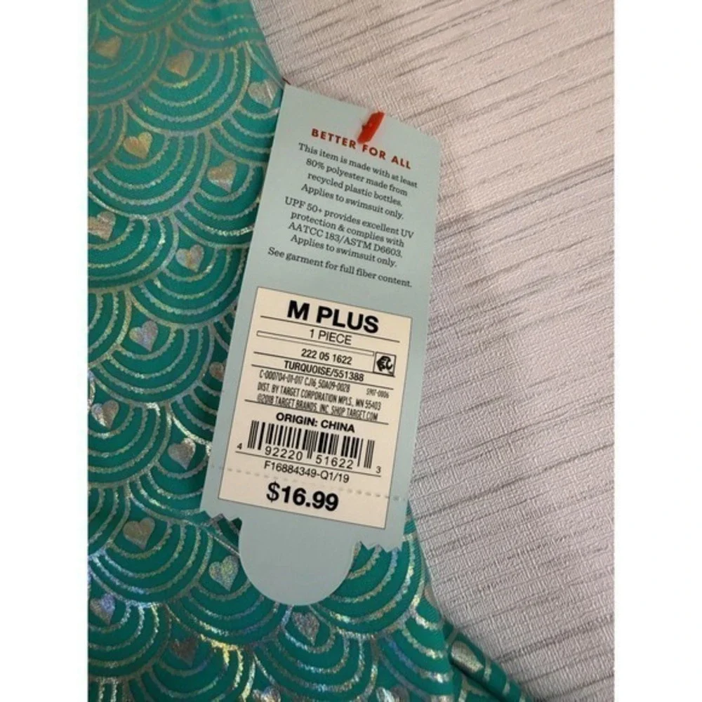 Cat & Jack Girls Medium Plus 8 Turquoise Mermaid Scale One Piece Swimsuit Ruffle